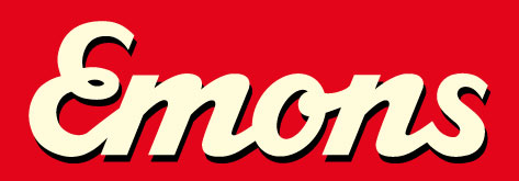 Emons logo: cream script text on a red background, brand banner style.