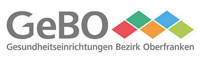 GeBO logo with the word GeBO and a row of colorful diamonds, plus the subtitle 'Gesundheitseinrichtungen Bezirk Oberfranken'