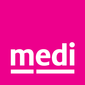 Medi logo: white 'medi' text with two horizontal lines on magenta background.