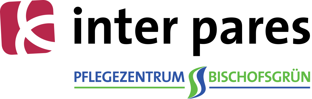 Logo with a red abstract symbol on the left and the wordmark 'PFLEGEZENTRUM BISCHOGSGRÜN' in blue and green, featuring green and blue lines underneath.